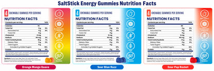 SaltStick Energy Gummies nutrition facts for Orange Mango Guava, Sour Blue Razz and Sour Pop Rocket