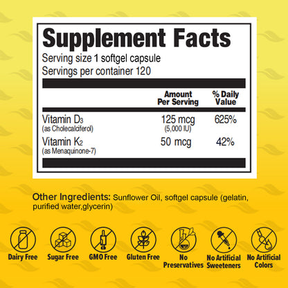 Vitamin D3 K2 Bone Health Immune Support 5000IU 50mcg 120 Soft Gels 120 Days Supply Halal by ORZAX