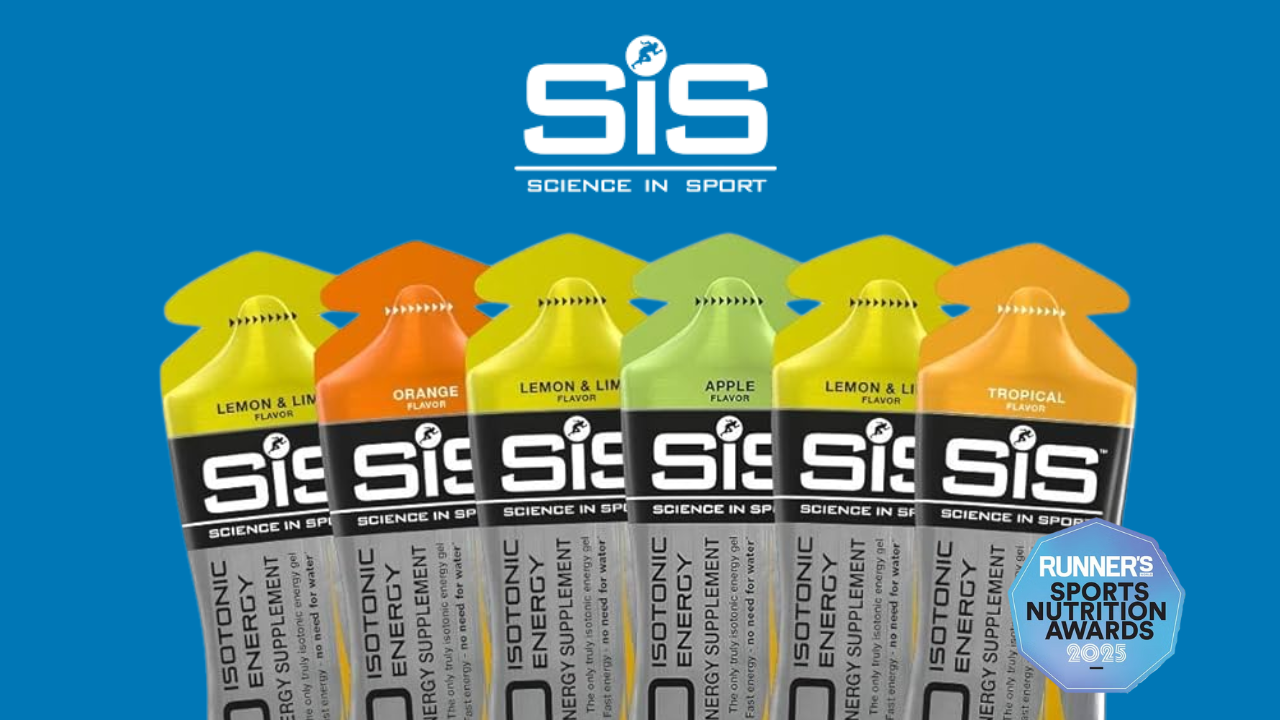 Packaging of SIS (Science in Sport) energy drinks with colorful labels on a blue background.