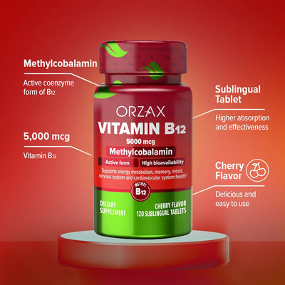 Orzax Vitamin B12 5000 mcg Cherry Flavoured 120 Tabs