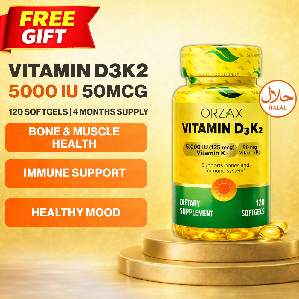 Vitamin D3 K2 Bone Health Immune Support 5000IU 50mcg 120 Soft Gels 120 Days Supply Halal by ORZAX