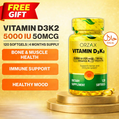 Vitamin D3 K2 Bone Health Immune Support 5000IU 50mcg 120 Soft Gels 120 Days Supply Halal by ORZAX