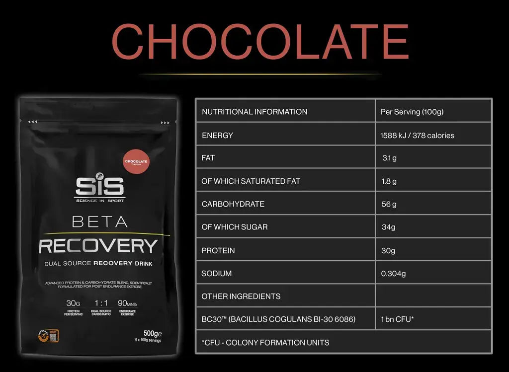 SiS BETA Recovery 500g Chocolate with Nutrition and ingredients