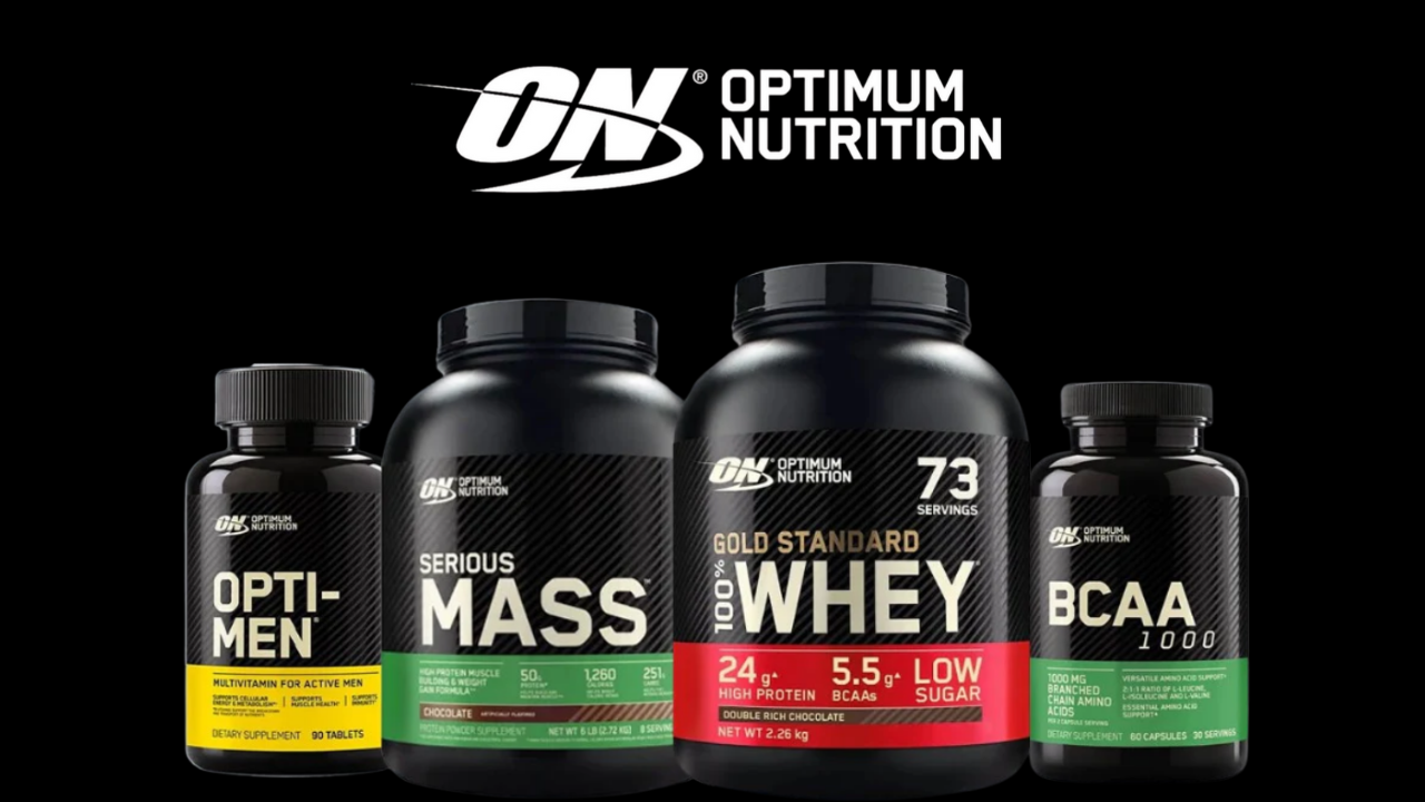 Optimum Nutrition supplement products on a black background