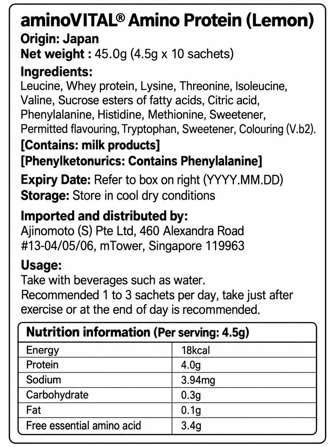 aminoVITAL Amino Protein Lemon nutrition facts and ingredients