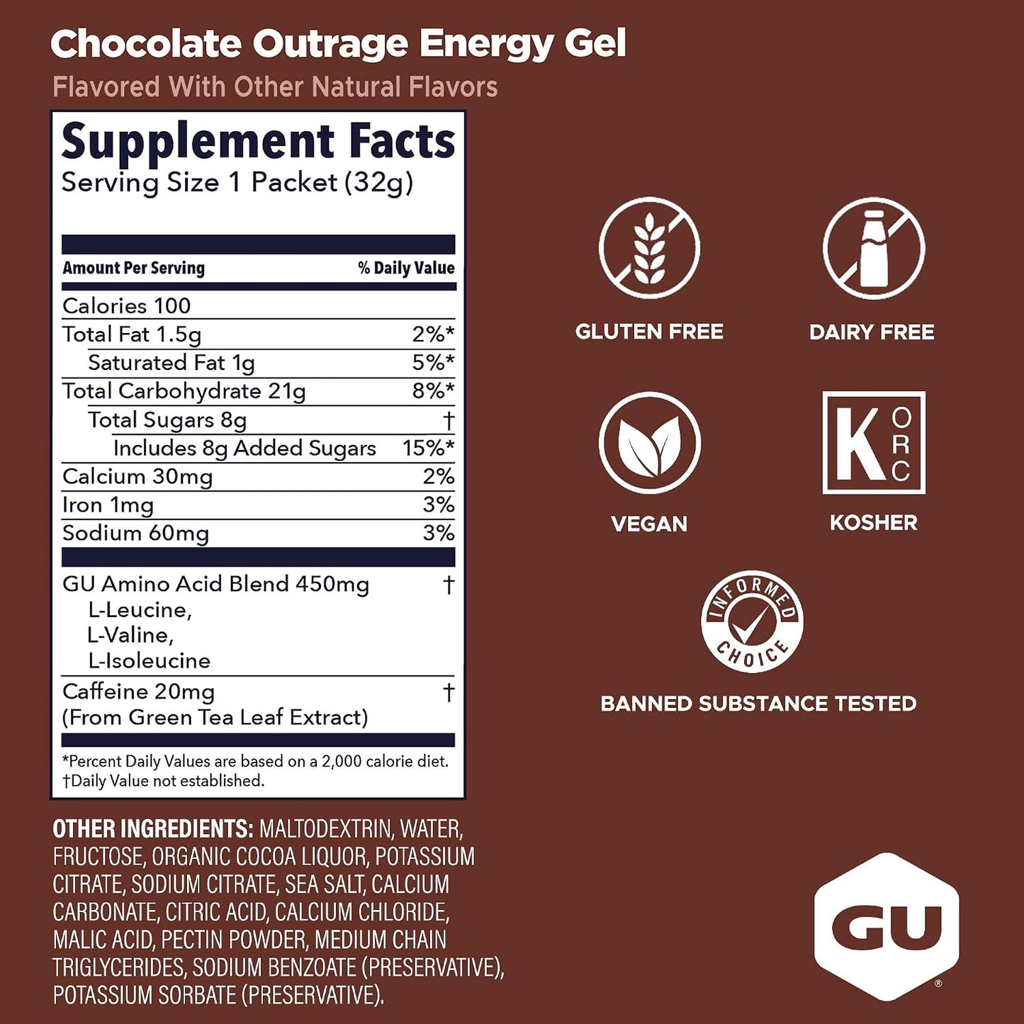 GU Energy Gel – Chocolate Outrage Caffeinated – 6, 12 or 24 Pack | Running & Endurance