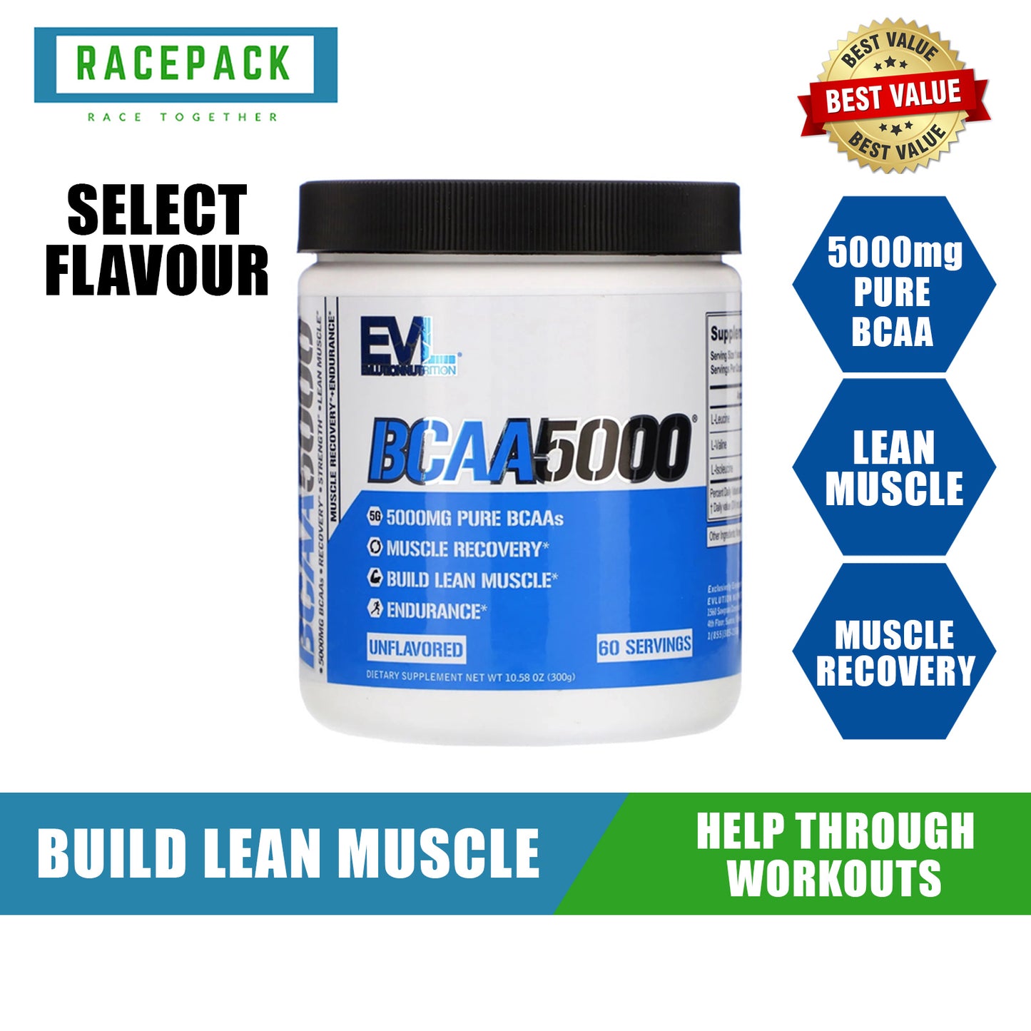 EVLution Nutrition BCAA 5000粉（选择口味和份量） 建立和修复肌肉 恢复 增强力量 耐力 生酮友好