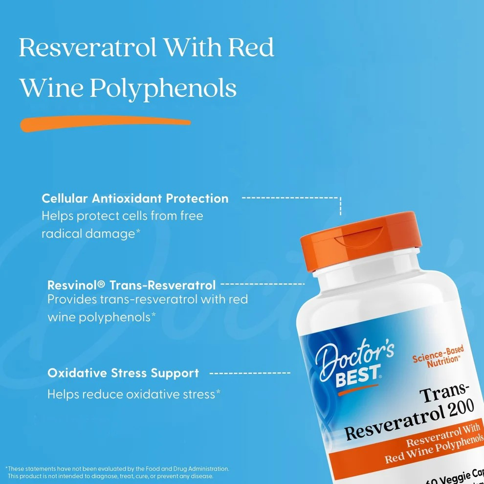 Doctor's Best Trans-Resveratrol 200 with Resvinol, 200 mg, 60 Veggie Caps