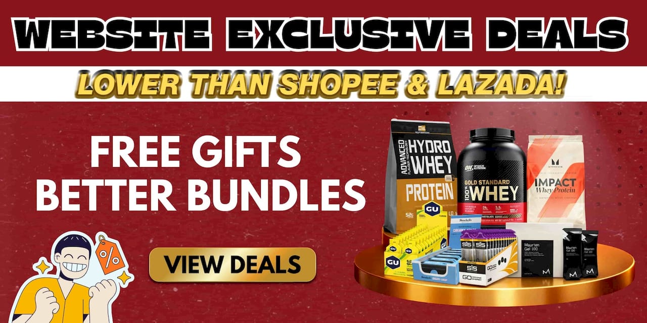 Promotional banner for website exclusive deals with protein products and free gifts offer.