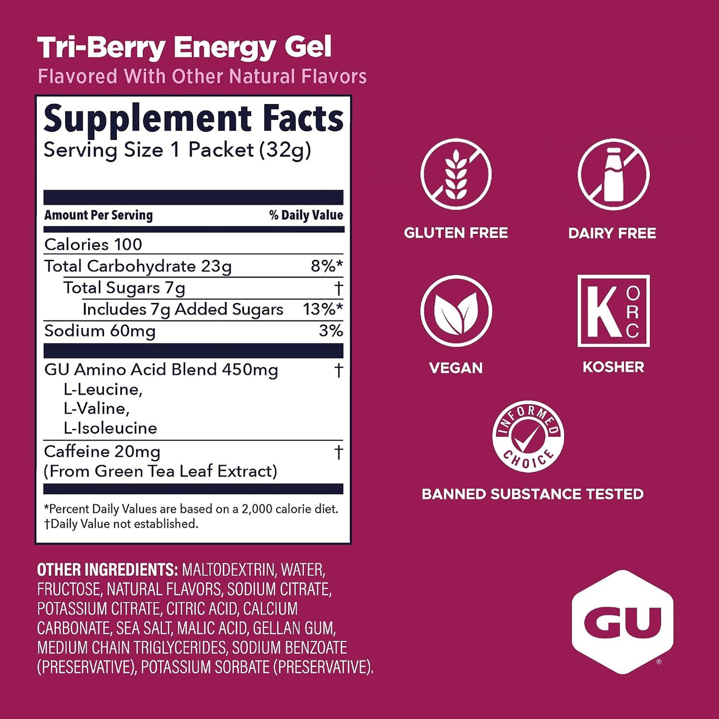 GU Energy Gel – Tri-Berry Caffeinated – 6, 12 or 24 Pack | Running & Endurance