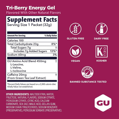 GU Energy Gel – Tri-Berry Caffeinated – 6, 12 or 24 Pack | Running & Endurance
